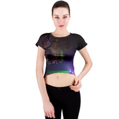 Illuminated Trees At Night Crew Neck Crop Top by Nexatart