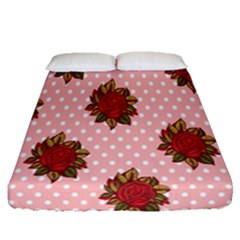 Pink Polka Dot Background With Red Roses Fitted Sheet (queen Size) by Nexatart