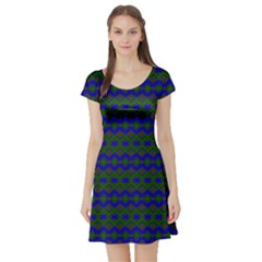 Split Diamond Blue Green Woven Fabric Short Sleeve Skater Dress by Mariart