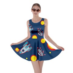 Rocket Ufo Moon Star Space Planet Blue Circle Skater Dress by Mariart