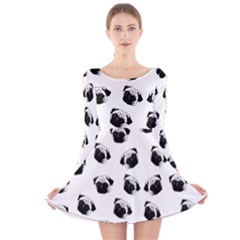 Pug Dog Pattern Long Sleeve Velvet Skater Dress by Valentinaart