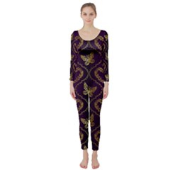 Flower Butterfly Gold Purple Heart Love Long Sleeve Catsuit by Mariart