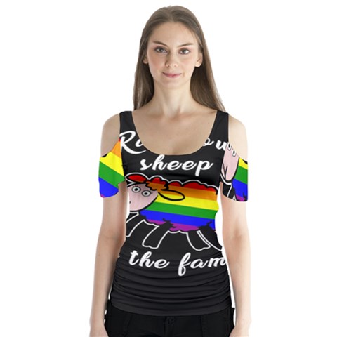 Rainbow Sheep Butterfly Sleeve Cutout Tee  by Valentinaart