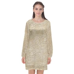 Old Floral Crochet Lace Pattern Beige Bleached Long Sleeve Chiffon Shift Dress  by EDDArt