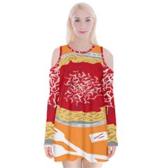 Instant Noodles Mie Sauce Tomato Red Orange Knife Fox Food Pasta Velvet Long Sleeve Shoulder Cutout Dress by Mariart