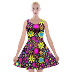 Bright And Busy Floral Wallpaper Background Velvet Skater Dress by Nexatart