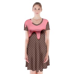 Ice Cream Pink Choholate Plaid Chevron Short Sleeve V-neck Flare Dress by Mariart