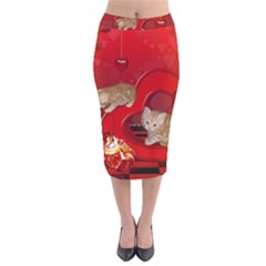 Cute, Playing Kitten With Hearts Velvet Midi Pencil Skirt by FantasyWorld7