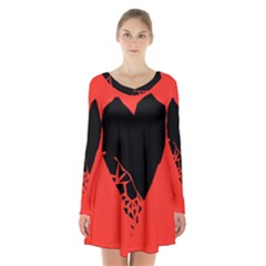 Broken Heart Tease Black Red Long Sleeve Velvet V-neck Dress by Mariart