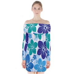 Hibiscus Flowers Green Blue White Hawaiian Long Sleeve Off Shoulder Dress by Mariart