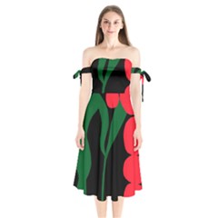 Illustrators Portraits Plants Green Red Polka Dots Shoulder Tie Bardot Midi Dress by Mariart