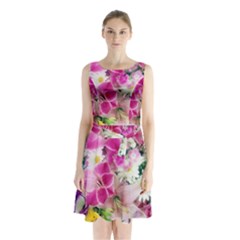 Colorful Flowers Patterns Sleeveless Waist Tie Chiffon Dress by BangZart