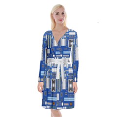 Classic Blue Computer Mainboard Long Sleeve Velvet Front Wrap Dress by BangZart