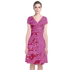 Pink Circuit Pattern Short Sleeve Front Wrap Dress by BangZart