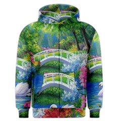 Swan Bird Spring Flowers Trees Lake Pond Landscape Original Aceo Painting Art Men s Zipper Hoodie by BangZart