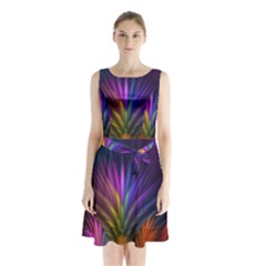 Colored Rays Symmetry Feather Art Sleeveless Waist Tie Chiffon Dress by BangZart