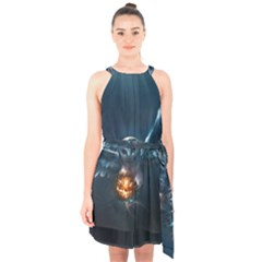 Owl And Fire Ball Halter Collar Waist Tie Chiffon Dress by BangZart