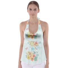 Watercolor Floral Blue Cute Butterfly Illustration Babydoll Tankini Top by paulaoliveiradesign