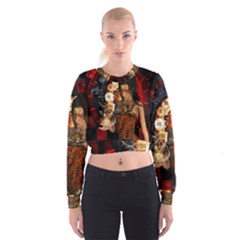 Steampunk, Beautiful Steampunk Lady With Clocks And Gears Cropped Sweatshirt by FantasyWorld7