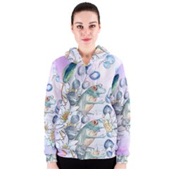 Funny, Cute Frog With Waterlily And Leaves Women s Zipper Hoodie by FantasyWorld7