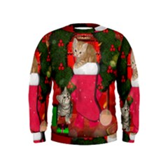 Christmas, Funny Kitten With Gifts Kids  Sweatshirt by FantasyWorld7