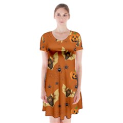 Bat, Pumpkin And Spider Pattern Short Sleeve V-neck Flare Dress by Valentinaart