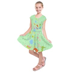 Light Green Dinosaurs Kids  Short Sleeve Dress by PattyVilleDesigns