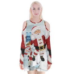 Funny Santa Claus With Snowman Velvet Long Sleeve Shoulder Cutout Dress by FantasyWorld7