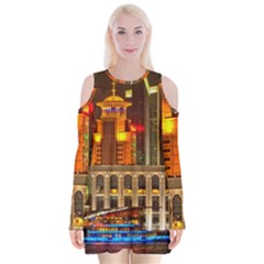 Shanghai Skyline Architecture Velvet Long Sleeve Shoulder Cutout Dress by BangZart