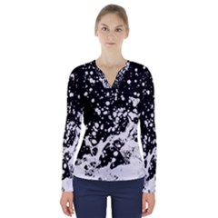 Black And White Splash Texture V-neck Long Sleeve Top by dflcprints