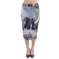 Awesome Wild Black Horses Running In The Night Velvet Midi Pencil Skirt by FantasyWorld7