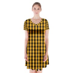 Pale Pumpkin Orange And Black Halloween Gingham Check Short Sleeve V-neck Flare Dress by PodArtist