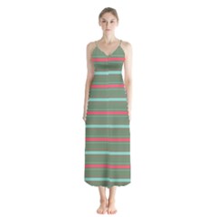 Horizontal Line Red Green Button Up Chiffon Maxi Dress by Mariart