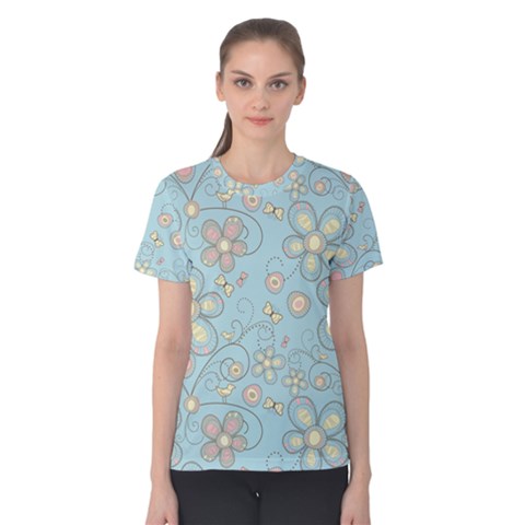 Flower Blue Butterfly Bird Yellow Floral Sexy Women s Cotton Tee by Mariart