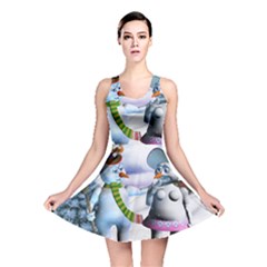 Funny, Cute Snowman And Snow Women In A Winter Landscape Reversible Skater Dress by FantasyWorld7