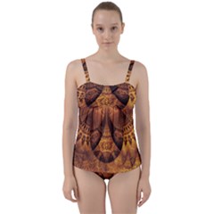 Beautiful Gold And Brown Honeycomb Fractal Beehive Twist Front Tankini Set by jayaprime