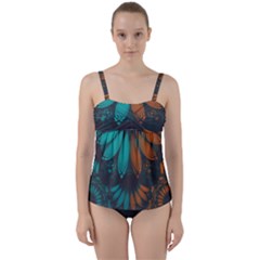 Beautiful Teal And Orange Paisley Fractal Feathers Twist Front Tankini Set by jayaprime