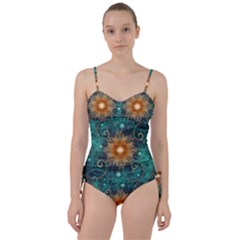 Beautiful Tangerine Orange And Teal Lotus Fractals Sweetheart Tankini Set by jayaprime