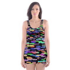 Colorful Paint Strokes On A Black Background                                Skater Dress Swimsuit by LalyLauraFLM