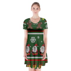 Ugly Christmas Sweater Short Sleeve V-neck Flare Dress by Valentinaart