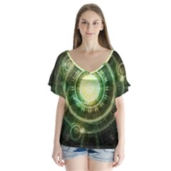 Green Chaos Clock, Steampunk Alchemy Fractal Mandala V-neck Flutter Sleeve Top by jayaprime