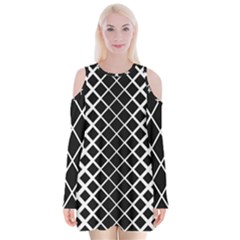 Square Diagonal Pattern Monochrome Velvet Long Sleeve Shoulder Cutout Dress by Celenk