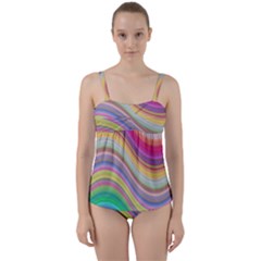 Wave Background Happy Design Twist Front Tankini Set by Celenk