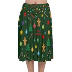 Christmas Pattern Velvet Flared Midi Skirt by Valentinaart