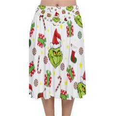 Grinch Pattern Velvet Flared Midi Skirt by Valentinaart