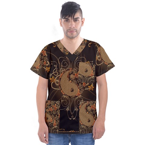 The Sign Ying And Yang With Floral Elements Men s V-neck Scrub Top by FantasyWorld7