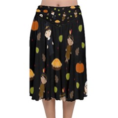 Pilgrims And Indians Pattern - Thanksgiving Velvet Flared Midi Skirt by Valentinaart