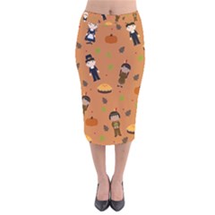 Pilgrims And Indians Pattern - Thanksgiving Velvet Midi Pencil Skirt by Valentinaart