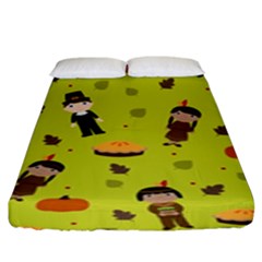 Pilgrims And Indians Pattern - Thanksgiving Fitted Sheet (king Size) by Valentinaart