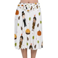 Pilgrims And Indians Pattern - Thanksgiving Velvet Flared Midi Skirt by Valentinaart